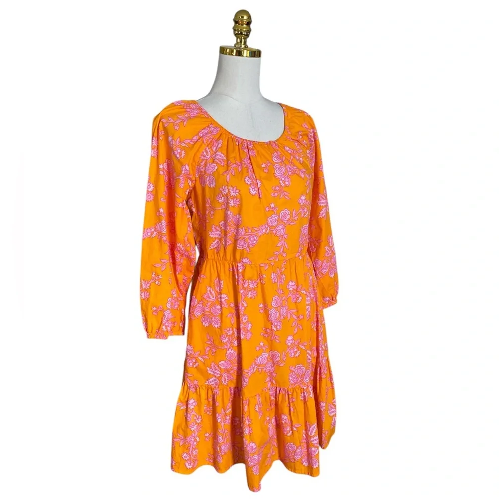J. Crew Women Orange Pink Floral Scoop-Neck Tiered 100% Cotton Mini Dress Size 6 - Picture 3 of 8